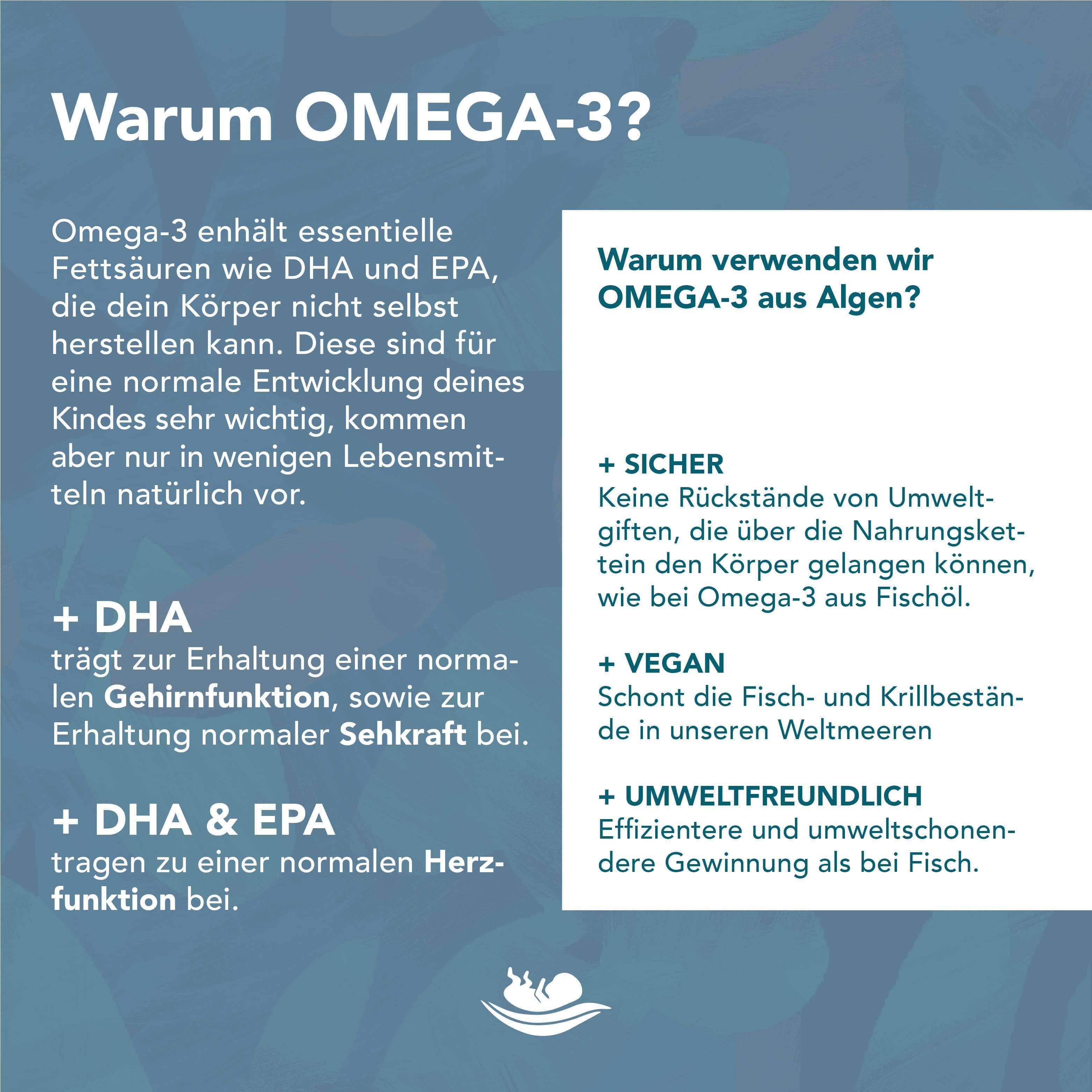 Die natürlichen und veganen Nahrungsergänzungsmittel für Omega-3 aus Algen unterstützen dich in der Schwangerschaft, Stillzeit und bei Kinderwunsch.