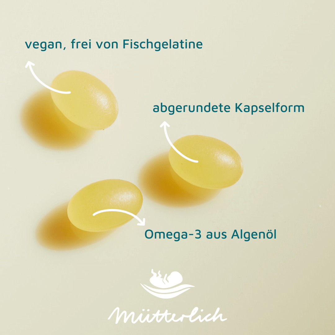 Die natürlichen und veganen Nahrungsergänzungsmittel für Omega-3 aus Algenöl unterstützen dich in der Schwangerschaft, Stillzeit und bei Kinderwunsch.